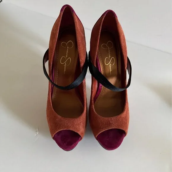 Women’s Suede Peep Toe Heels Size 8.5 M Orange Black Pink Color block Formal - Picture 3 of 14